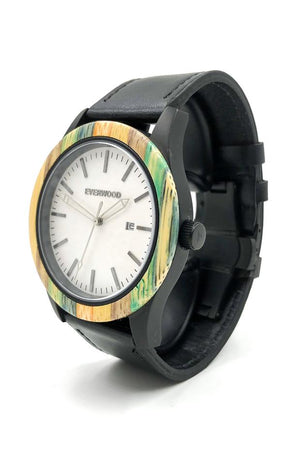 Multi bamboo watch with black leather strap and white dial from Everwood size view