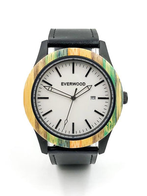 Multi bamboo watch with black leather strap and white dial from Everwood