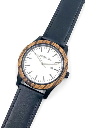 Zebrawood watch with black leather strap and white dial from Everwood bezel and strap
