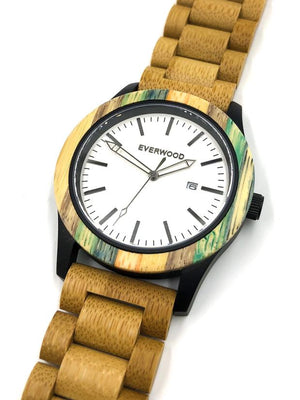 Limited Edition multi-colored bamboo watch with white dial from Everwood bezel and strap