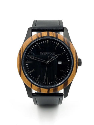 Zebrawood watch with black leather strap and black dial from Everwood