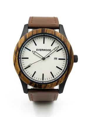Zebrawood watch with brown leather strap and white dial from Everwood