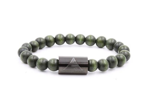 Forest Green Wood beaded bracelet with silver band from Everwood