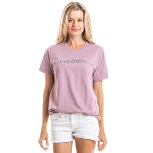 It's The Wine For Me Women's Graphic T-shirt from Katydid with model wearing Orchid color