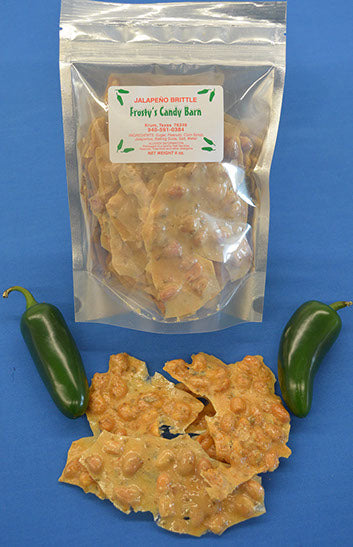 Frosty's Candy Barn Jalapeño Peanut Brittle 6 ounce resealable bag sample displayed