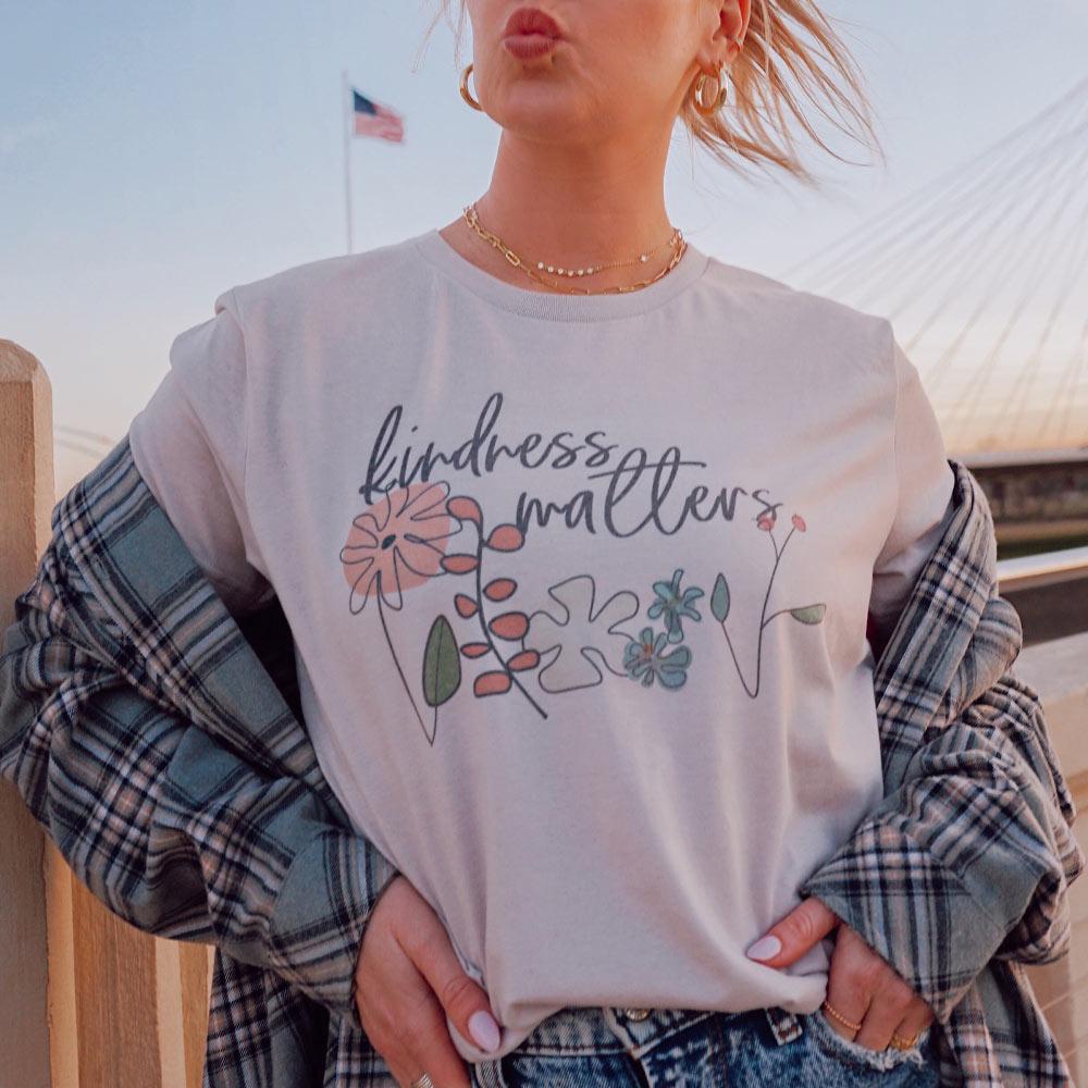 Inspire others with the Kindness Matters women's t-shirt in 2 soft colors from Katydid