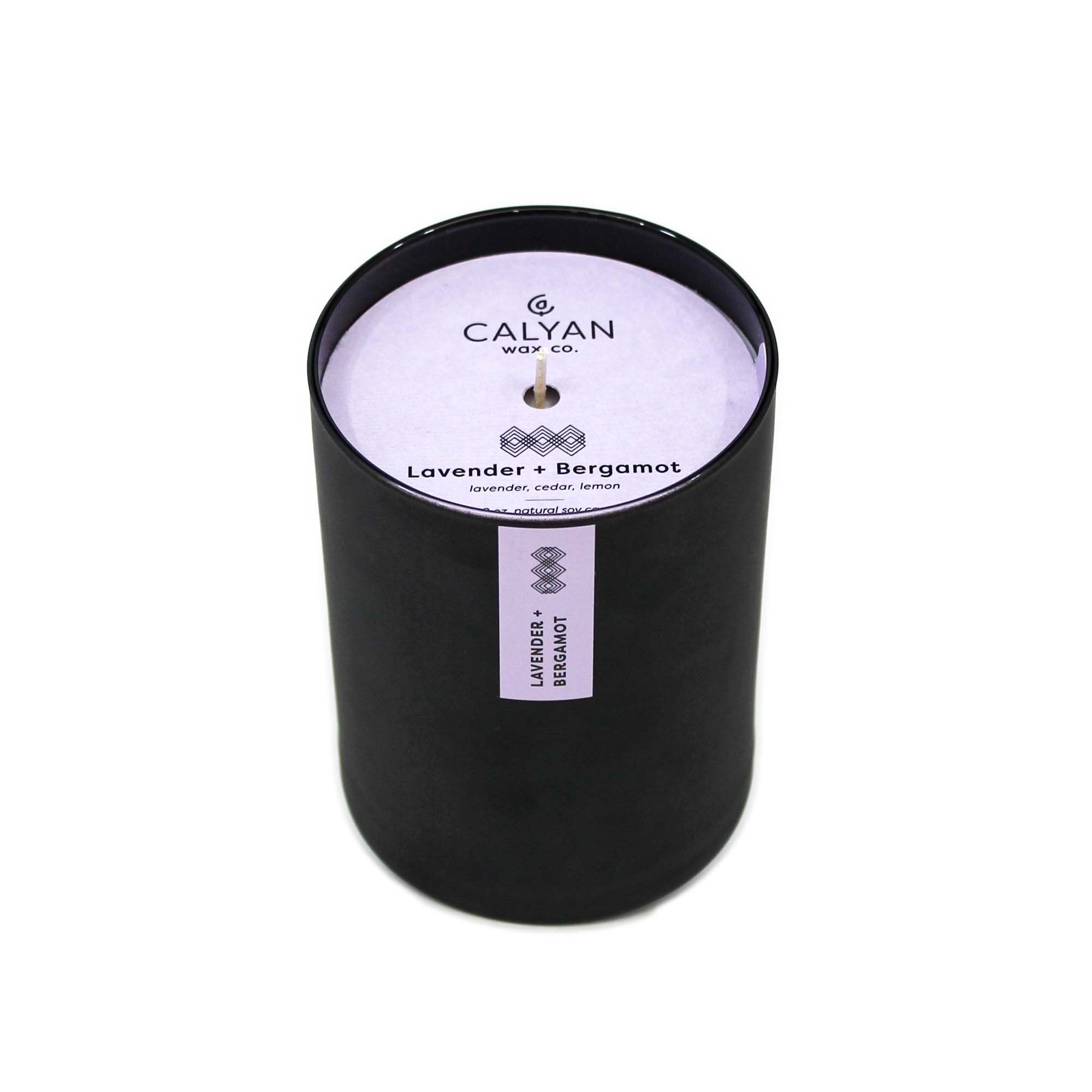 Black matte glass tumbler candle Lavender + Bergamot fragrance from Calyan Wax Company