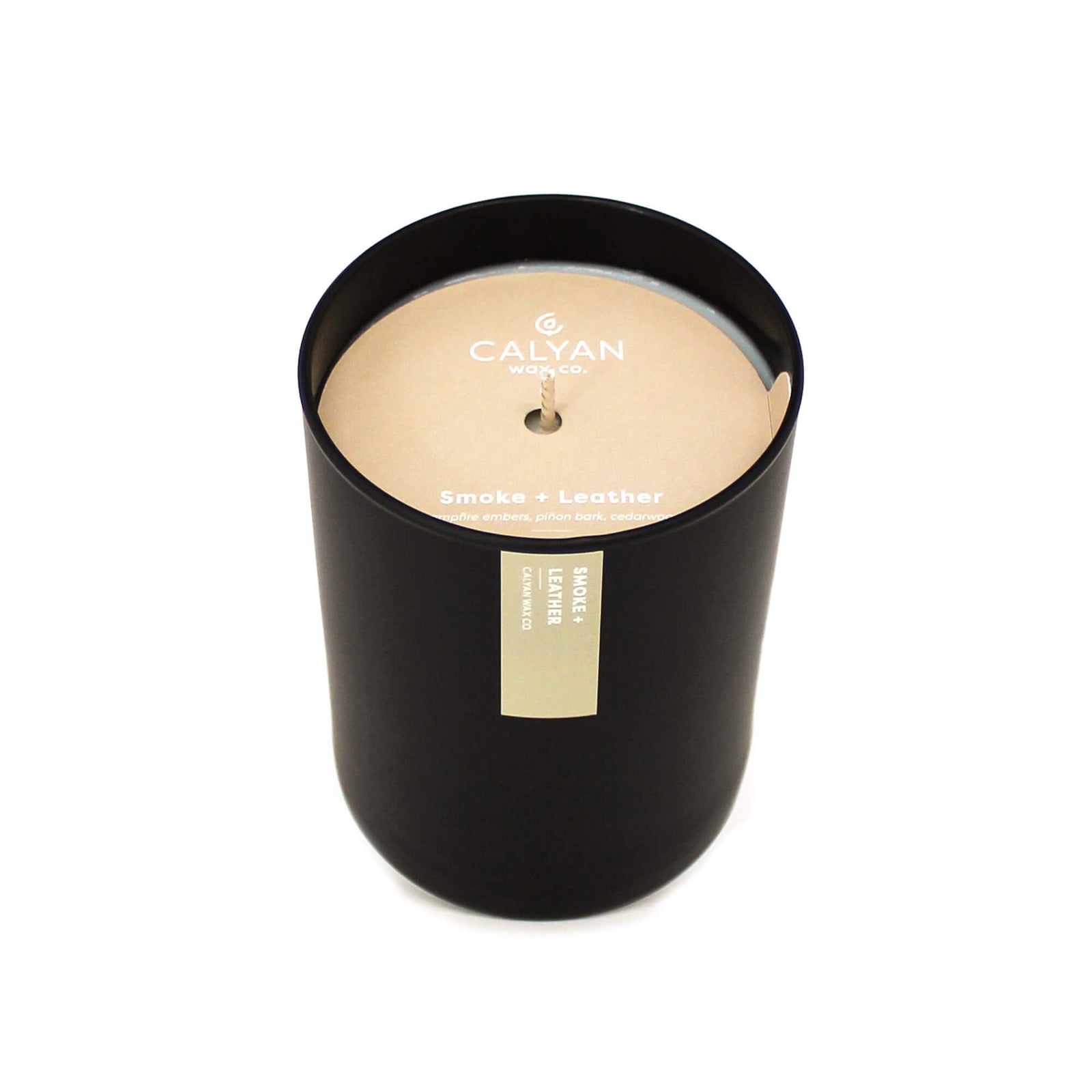Black matte glass tumbler candle Smoke + Leather fragrance from Calyan Wax Company