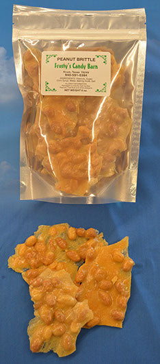 Frosty's Peanut Brittle in 6 ounce resealable bag sample displayed