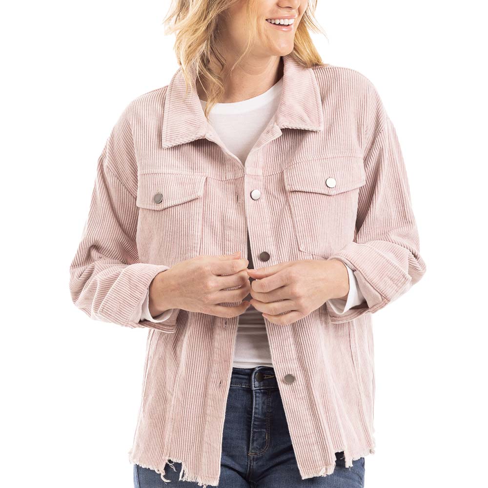 Corduroy Distressed Shackets for Women in distressed light pink