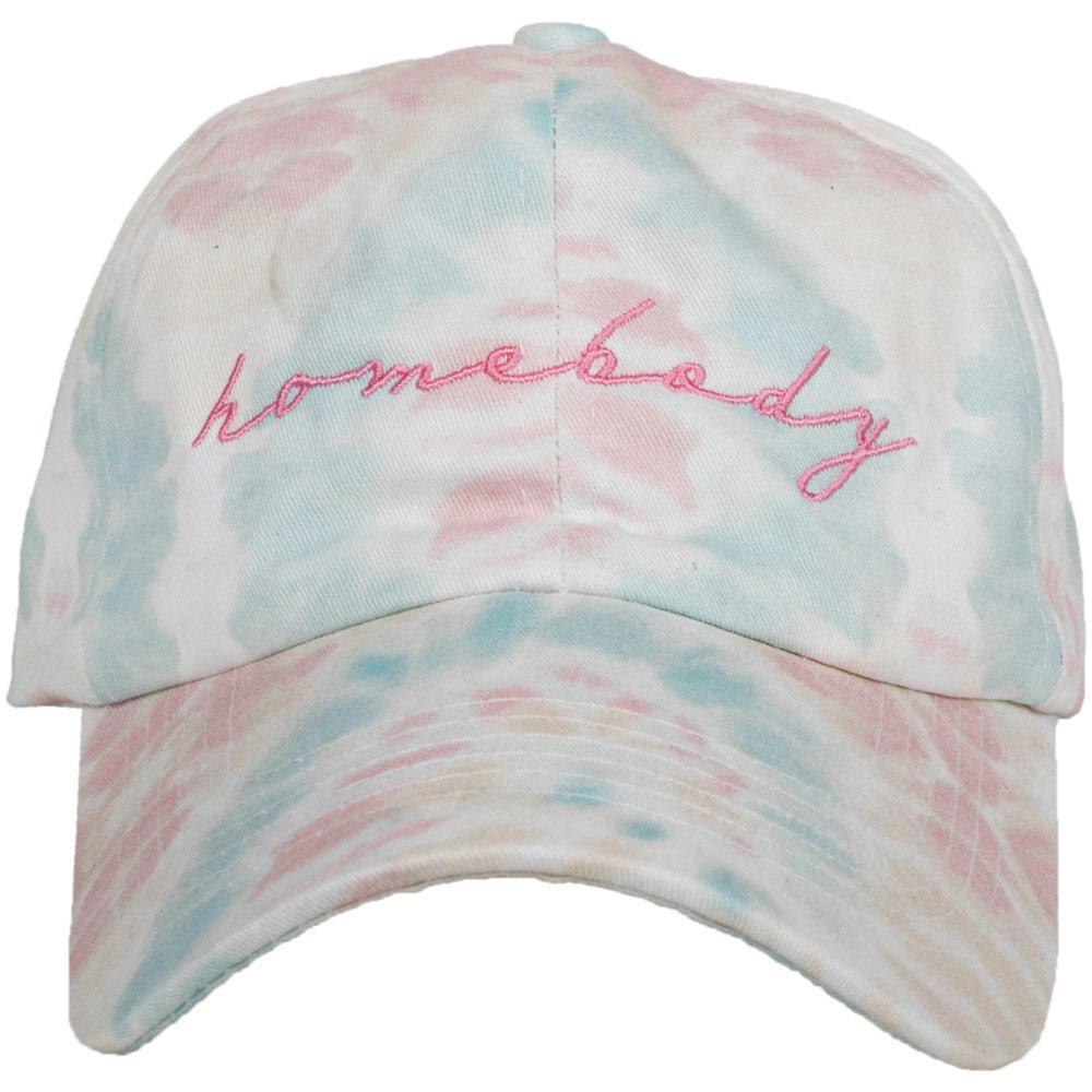 Homebody tie dye baseball cap in pastel with pink script embroidery from Katydid held by model