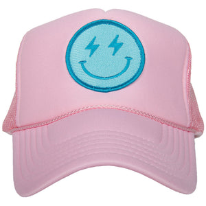 Turquoise Lightning Happy Face Foam Trucker Hat in light pink