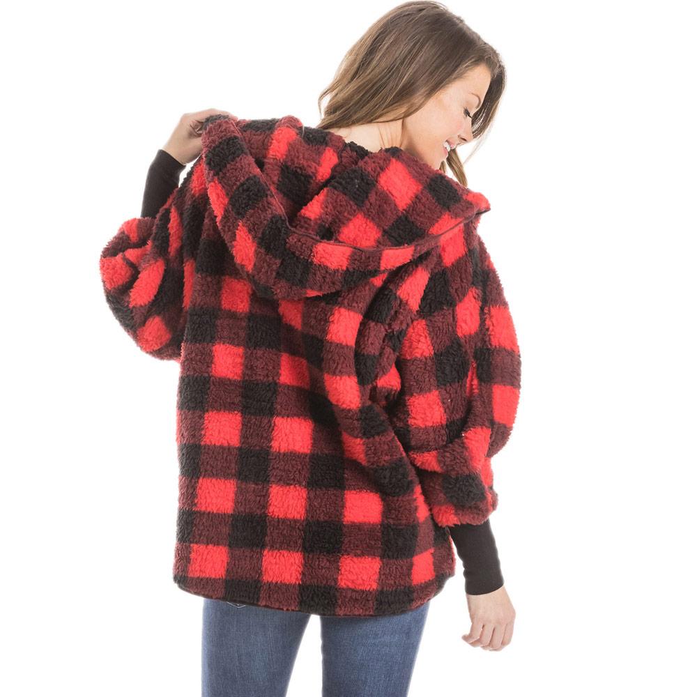 Red Plaid Lightweight Body Wrap With Hoodie from Katydid, back view
