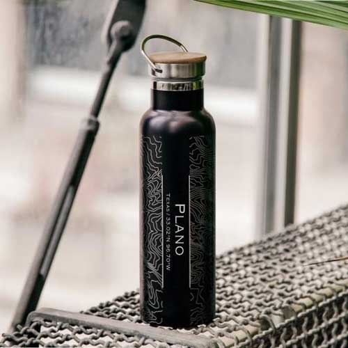 Engraved Matte Black Bamboo Top Map Bottle - Plano