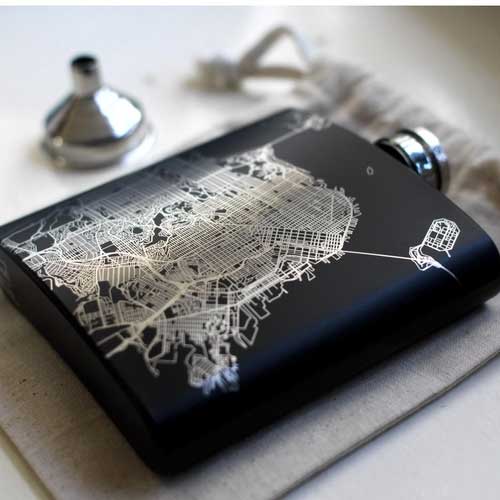 Engraved Matte Black Map Hip Flask - Plano