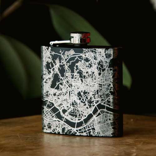 Engraved Matte Black Map Hip Flask - Plano