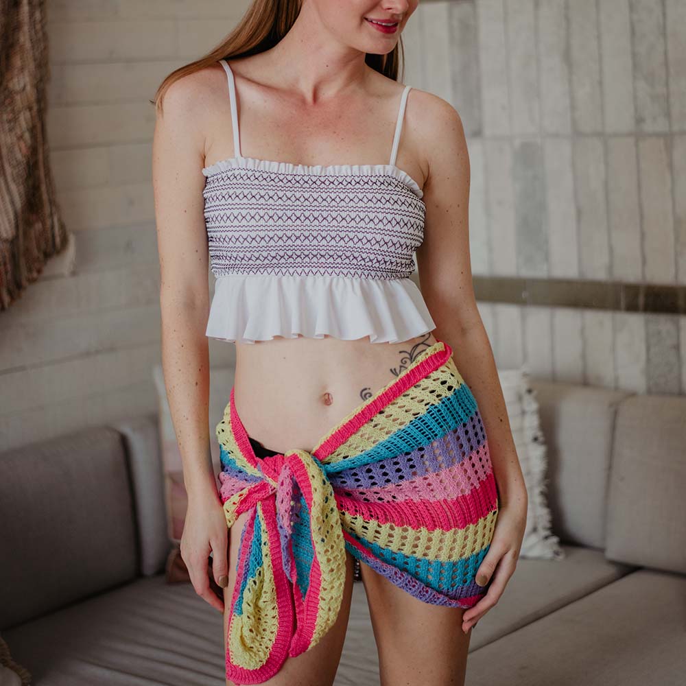 Neon Rainbow Striped Crochet Sarong Beach Skirt