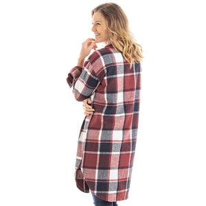 Red and Navy Long Plaid Shacket back view