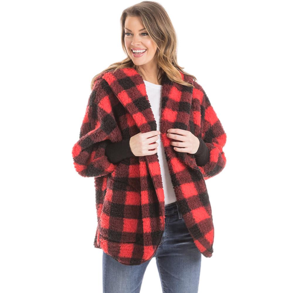 Red Plaid Lightweight Body Wrap With Hoodie from Katydid, front view