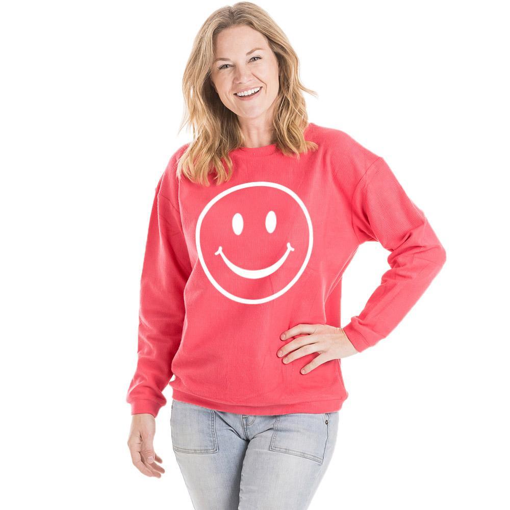 Smiley Face Corded Sweatshirt in Imperial Red