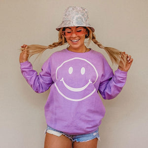 Smiley Face Corded Sweatshirt in purple worn by model