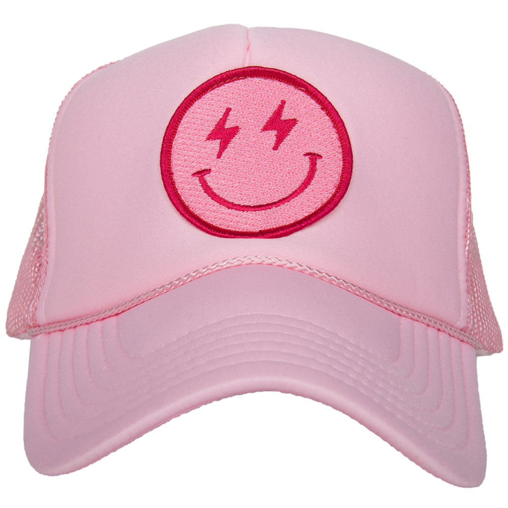 Hot Pink Lightning Happy Face Foam Trucker Hat in light pink