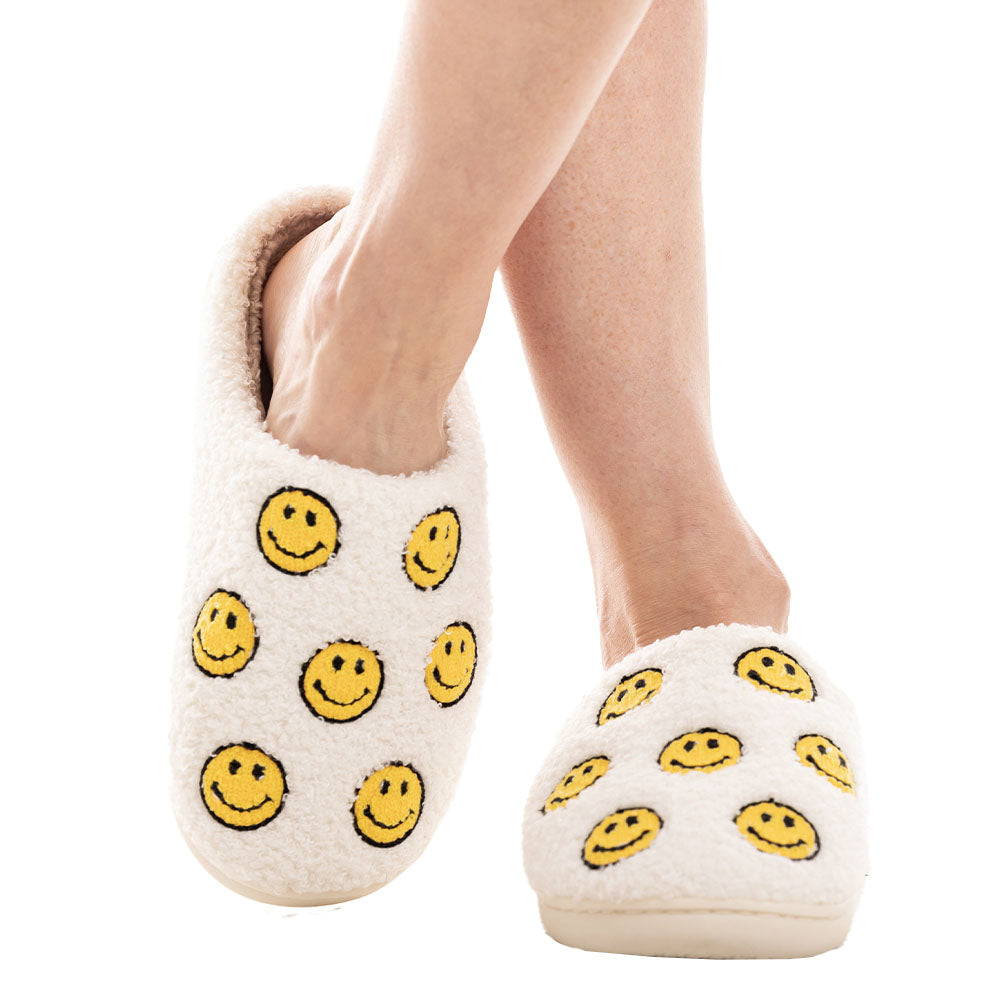 Happy Face All Over Sherpa Slippers displayed by model