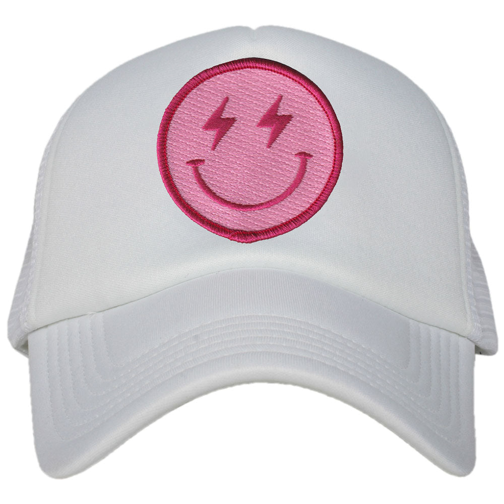 Hot Pink Lightning Happy Face Foam Trucker Hat in white
