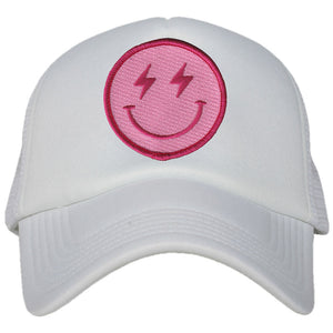 Hot Pink Lightning Happy Face Foam Trucker Hat in white