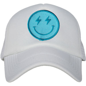Turquoise Lightning Happy Face Foam Trucker Hat in white