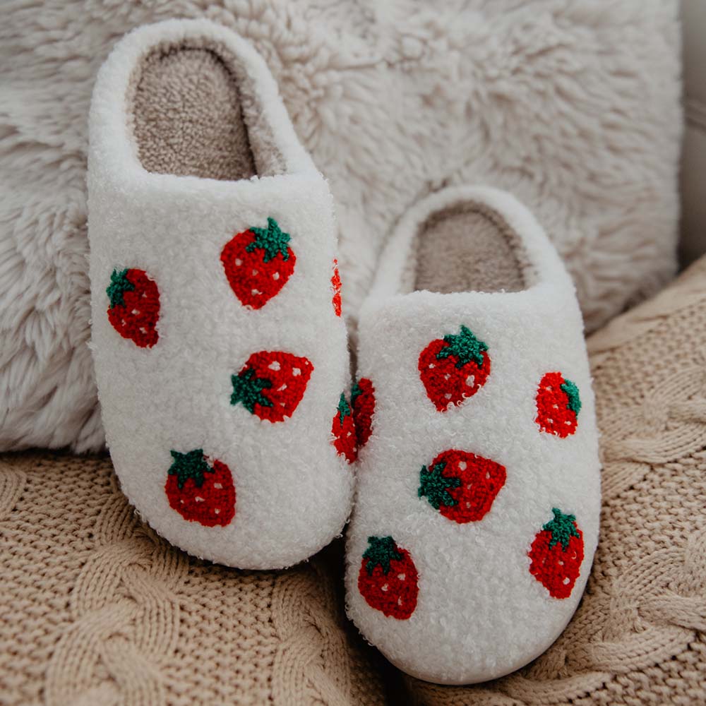Strawberry Fuzzy Slippers for Women in faux fur sherpa