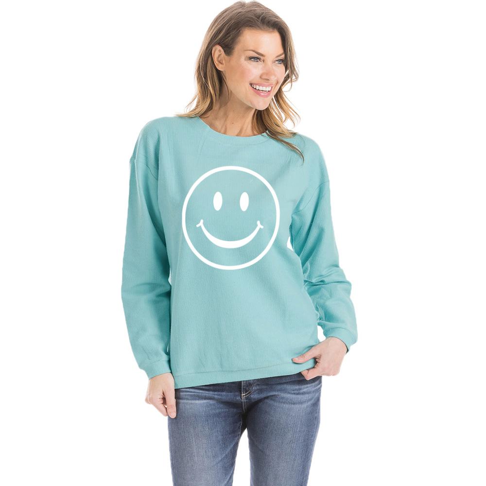 Smiley Face Corded Sweatshirt in aqua