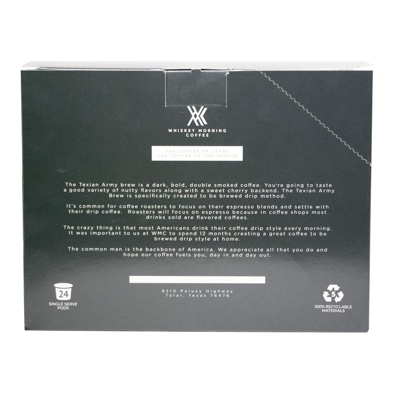 Texian Army Coffee Single Serve Pods, story on back of carton