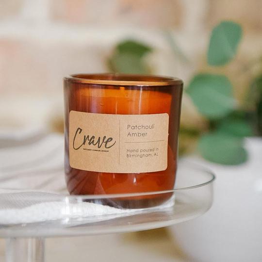 Amber Glass candle in Patchouli Amber scent from Crave Candles Co,