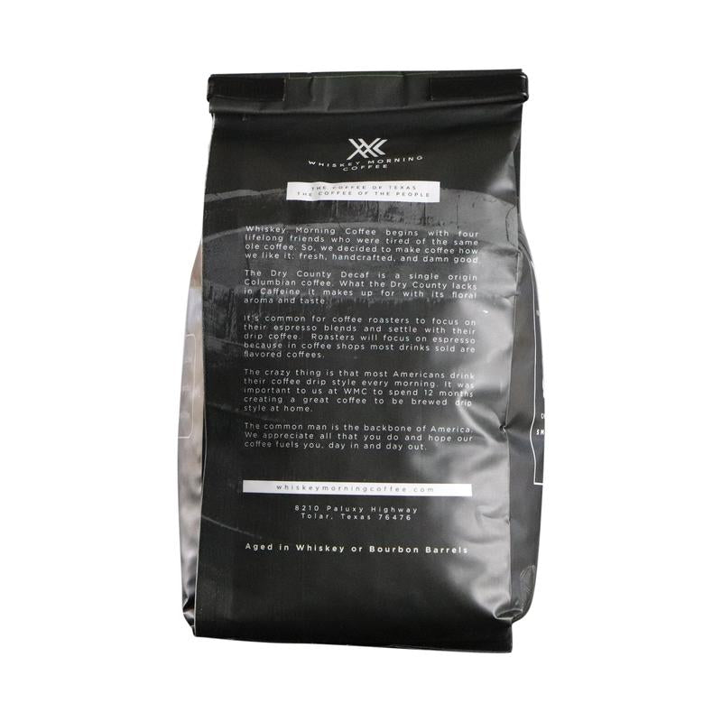 WMC Dry County Decaf Coffee whiskey barrel aged package back view