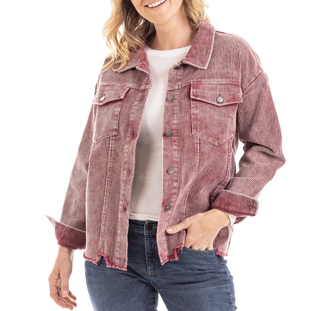 Corduroy Distressed Shackets for Women in distressed wine