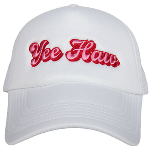 Yee Haw Foam Trucker Hat with pink script emboidered "Yee Haw" on white cap